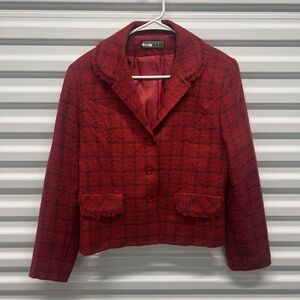 Vinci Clothiers Red Plaid Tweed Fringe‎ Blazer Jacket Womens Size Unknown
